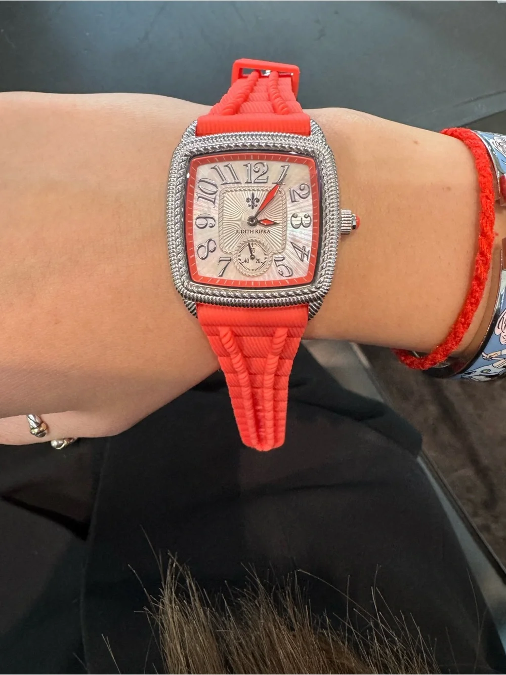 New Judith Ripka Coral Red Mother of Pearl Stainless Steel Square Women's Watch